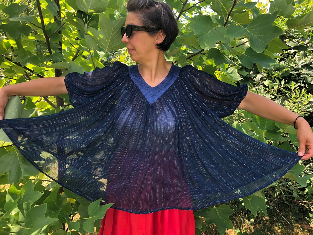 Vintage Indian Gauze Tent Blouse. Viscose Midnight Blue With Rainbow