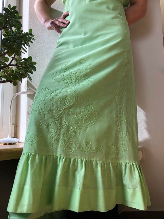 Vintage 70s pinafore dress. Light green cotton fr… - image 5