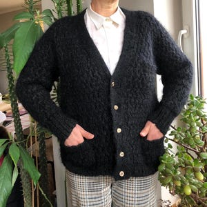 Vintage 60s, 70s black wool knitted cardigan. Kid mohair wool cardigan. M size
