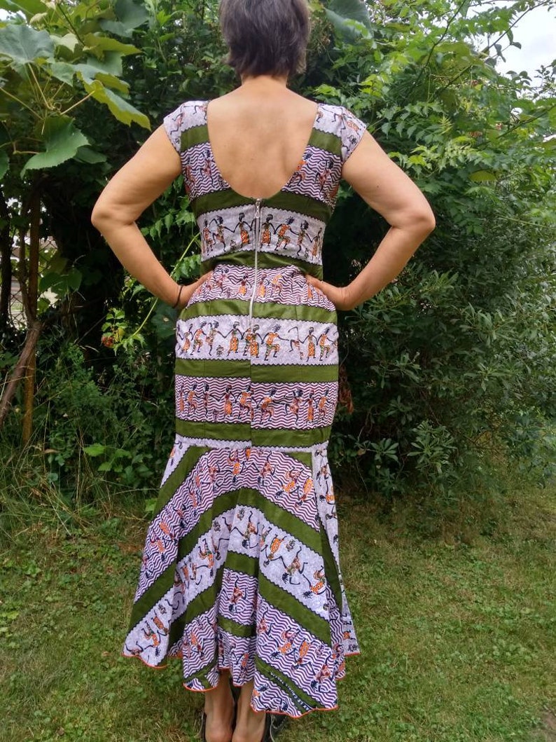 Vintage hand made African ethno style colourful dress with wide hardness.