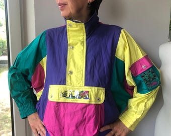 Vintage 80-90ss color block cotton Anorak. Patched Anorak. Unisex Anorak S size.