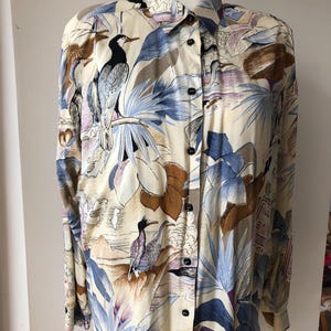 Vintage 80s novelty print blouse . YESSICA long sleeve button up blouse. L size