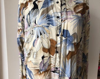 Vintage 80s novelty print blouse . YESSICA long sleeve button up blouse. L size