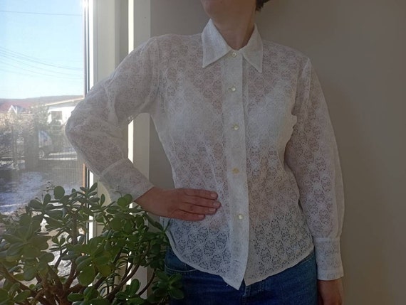 Chemisier Vintage Années 60 Dentelle Et Crêpe écru - Taille 42, Dos Nu, Très Bon état