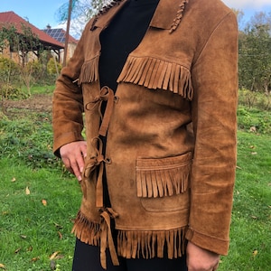 Vintage 90s brown leather fringe jacket. Hippie, Boho jacket. Brown suede jacket with long fringes. S/M size