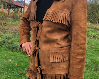 Vintage 90s brown leather fringe jacket. Hippie, Boho jacket. Brown suede jacket with long fringes. S/M size