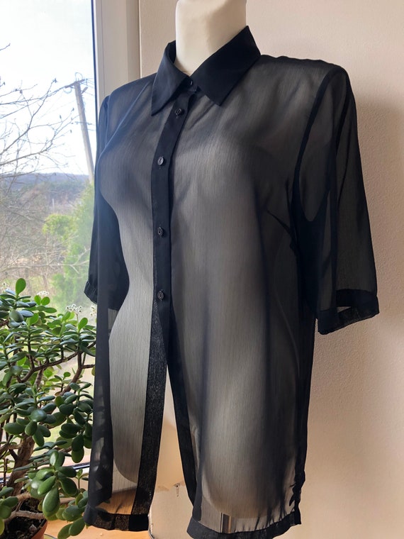 Vintage black sheer blouse. Short sleeve transpar… - image 10