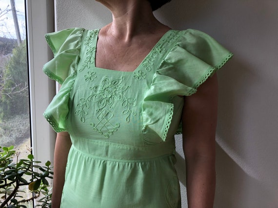 Vintage 70s pinafore dress. Light green cotton fr… - image 2
