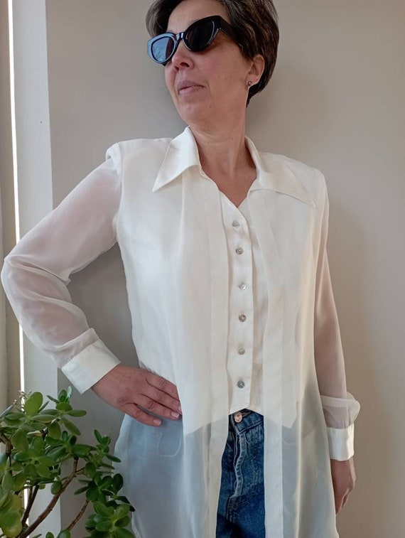 Buy Vintage 90s White Sheer Double Blouse With Mother of Pearl