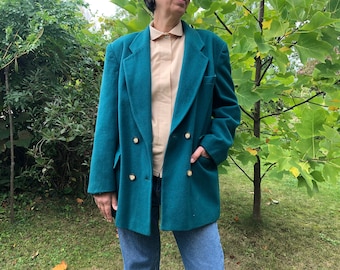 Vintage emerald green double breasted wool blazer. Long line green blazer. M/L size