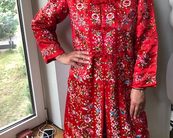 Vintage Chinese silk hand embroidered robe. Red silk all over embroidered jacket. S/M size
