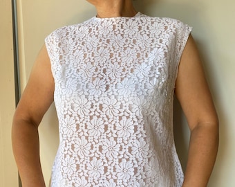 50年代のトップス、コットンレース、ホワイトヴィンテージシャツ、半袖