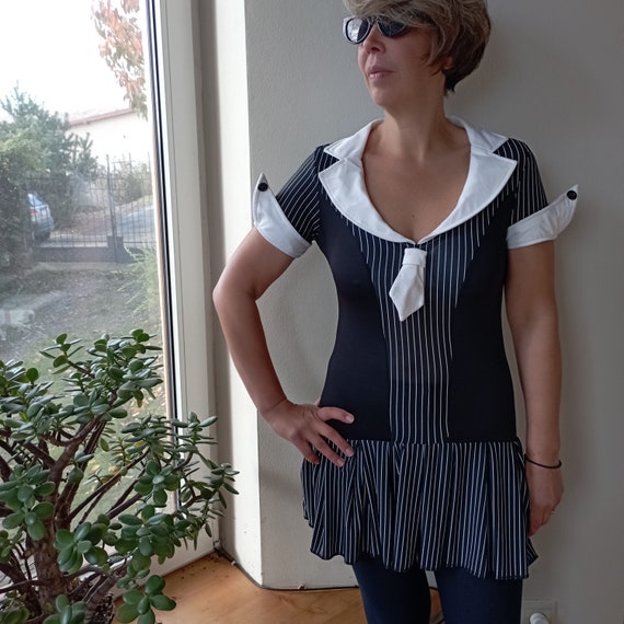 Vintage 90s does 70s stretch striped black and wh… - image 4