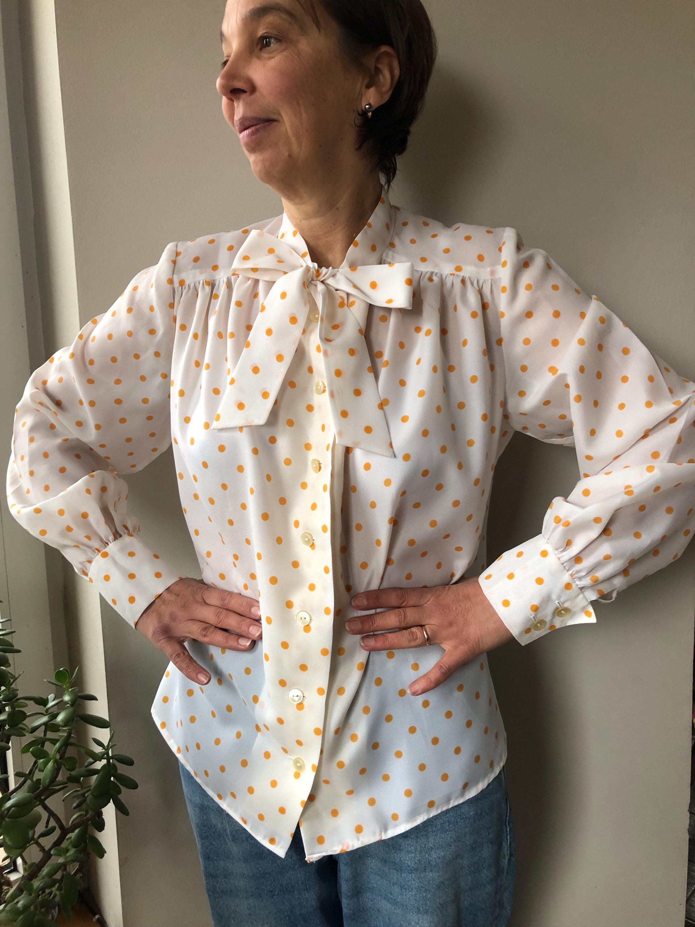Vintage 70s tie bow white and yellow polkadot blouse. Retro style blouse L size.
