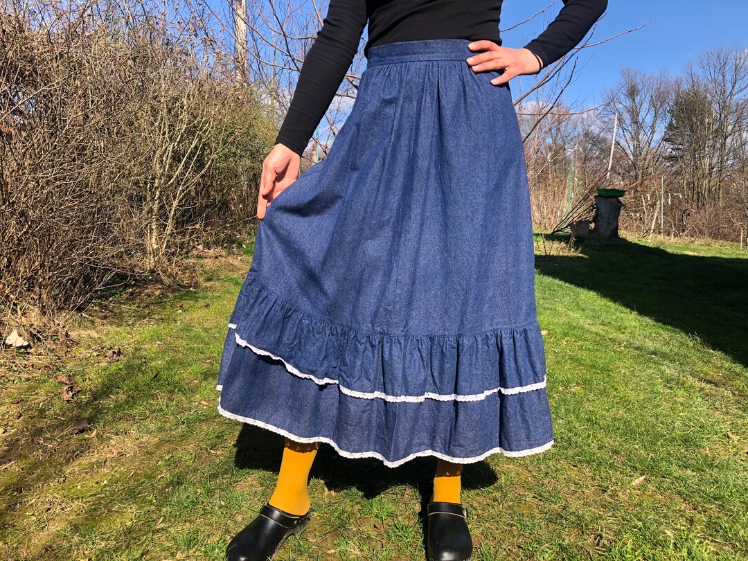 Vintage 80s Blue Prairie Skirt. Frilled Maxi Skirt. M Size. 