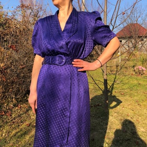 Vintage 80s midnight blue polka dot silk dress. YESSICA Puffy sleeve midi dress. image 10