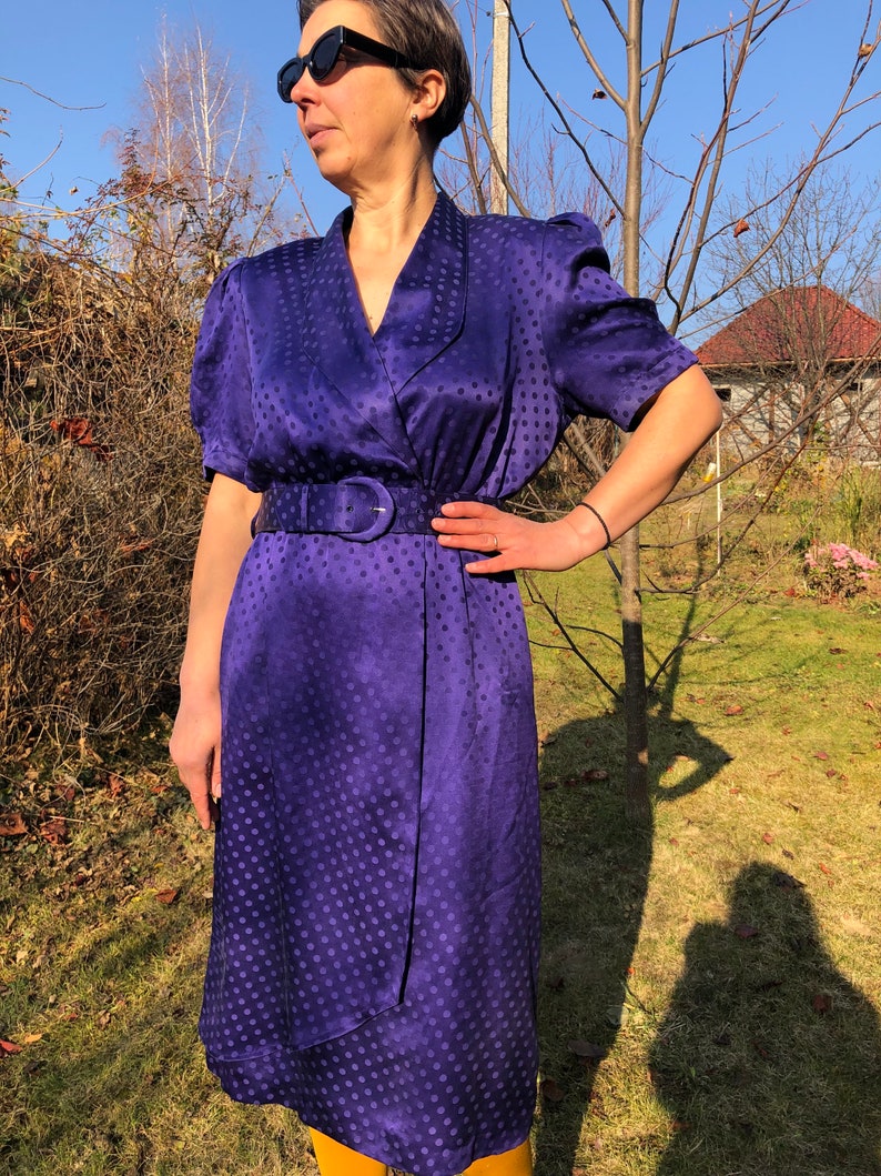 Vintage 80s midnight blue polka dot silk dress. YESSICA Puffy sleeve midi dress. image 10