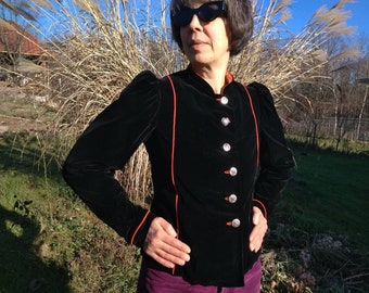 Vintage Victorian style black velvet blazer with red piping. Austrian Trachten folk style womens jacket. M size.