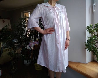 Vintage 80s pale pink and white polka dot night shirt with cape collar.