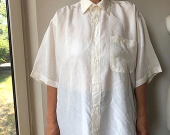 Vintage 90s silk men's shirt. Short sleeve milk white silk blouse. M size.