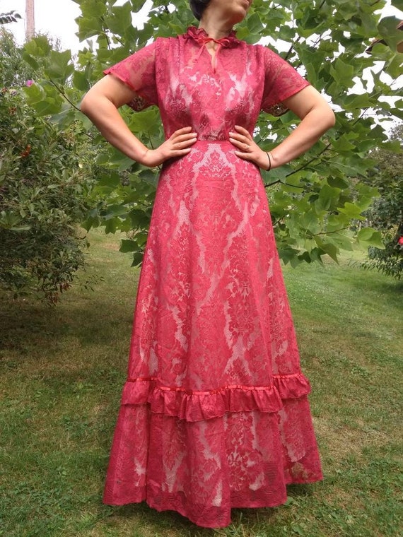 Vintage 70s red lace lined prairie style maxi dress with tie neck. S-M size. Vintage 70s red lace lined prairie style maxi dress with tie neck. S-M size.