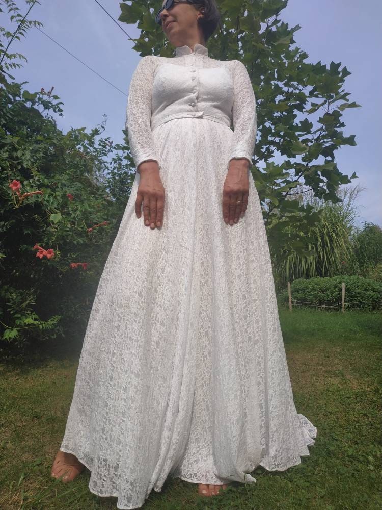 Vintage 70s wedding gown. Long sleeve lace wedding dress. S/M | Etsy