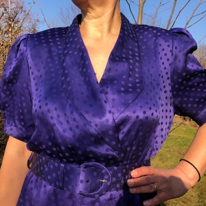 Vintage 80s midnight blue polka dot silk dress. YESSICA Puffy sleeve midi dress. image 8