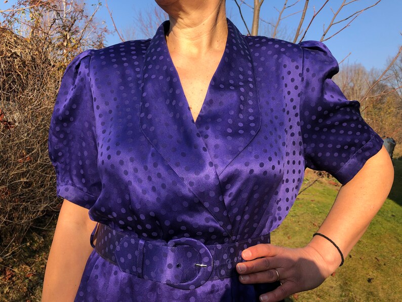 Vintage 80s midnight blue polka dot silk dress. YESSICA Puffy sleeve midi dress. image 8