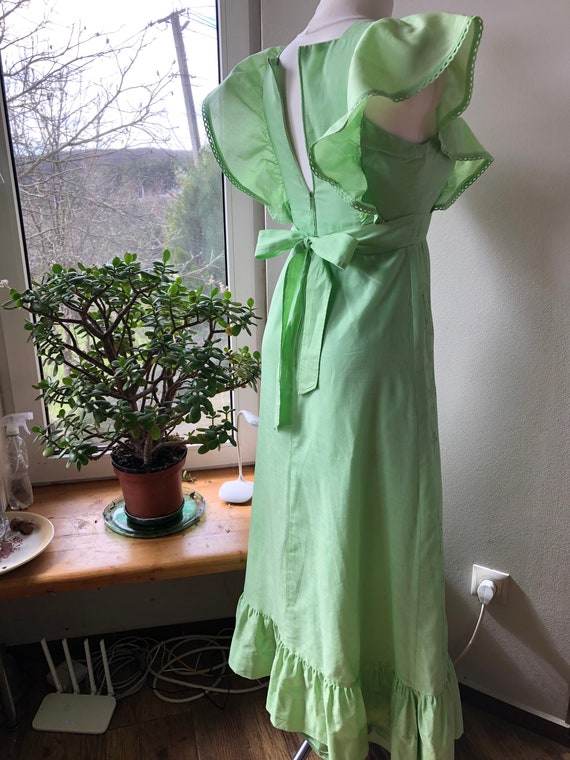 Vintage 70s pinafore dress. Light green cotton fr… - image 3