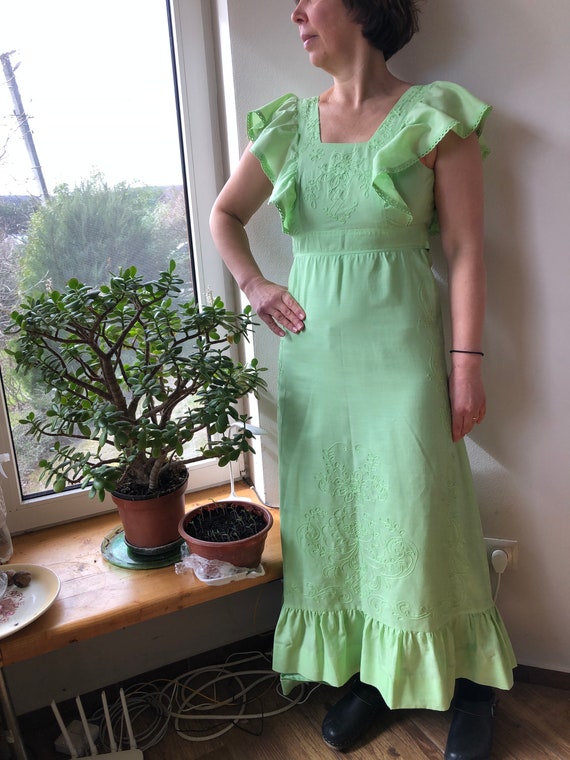 Vintage 70s pinafore dress. Light green cotton fr… - image 7