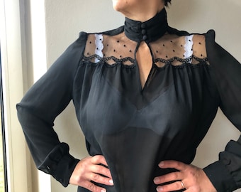 Vintage 80s black blouse with mesh yoke. Sexy semi sheer high neck long sleeve blouse. S/M size