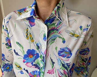 Vintage 70s White Floral Print Blouse. 3/4 sleeve jersey hippie blouse. S size