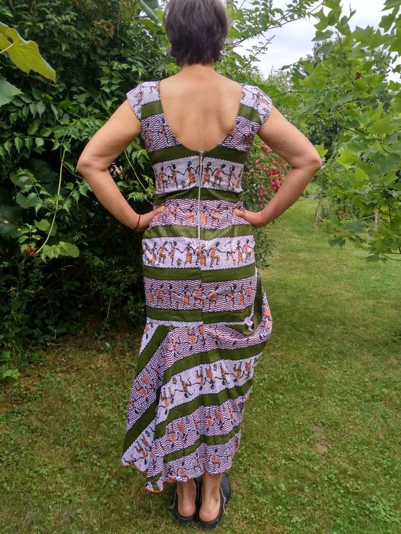 Vintage hand made African ethno style colourful dress with wide hardness.