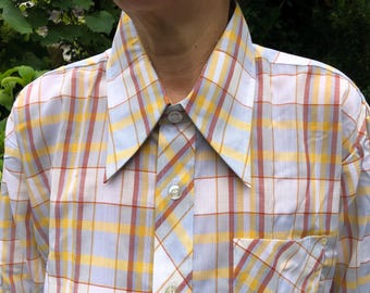 Vintage 70s dagger collar men’s shirt. Deadstock plaid long sleeve shirt. L size.