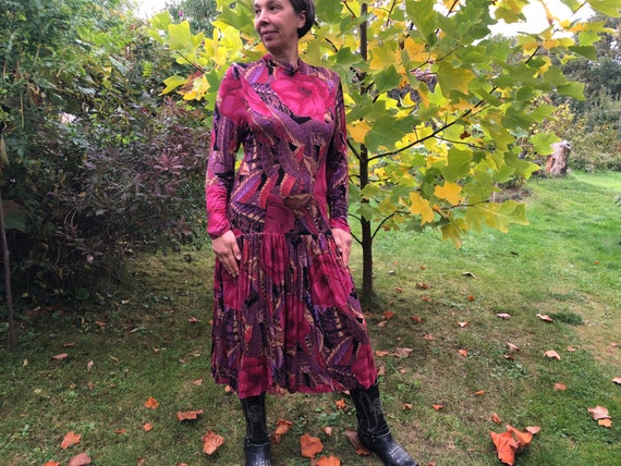 80s long sleeve dress Vintage 80s Long Sleeve Dress With Floral Print. Jersey Drop Waisted Dress.  M Size