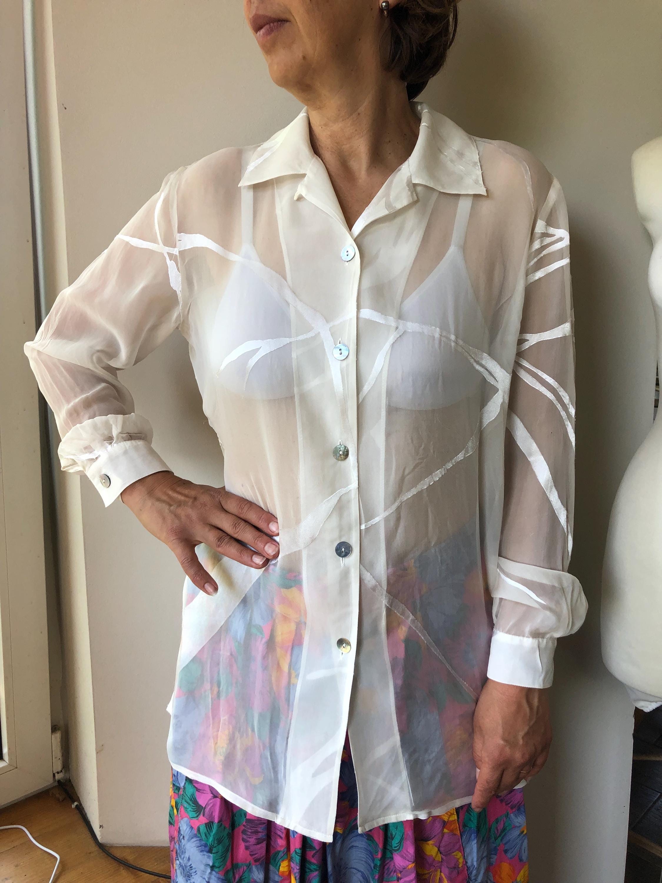 トップス 80s- White see-through shirt 80s Blouse Shiny White Semi Sheer Striped Button up Shirt