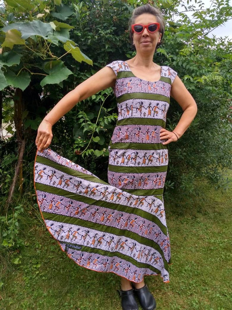Vintage hand made African ethno style colourful dress with wide hardness.