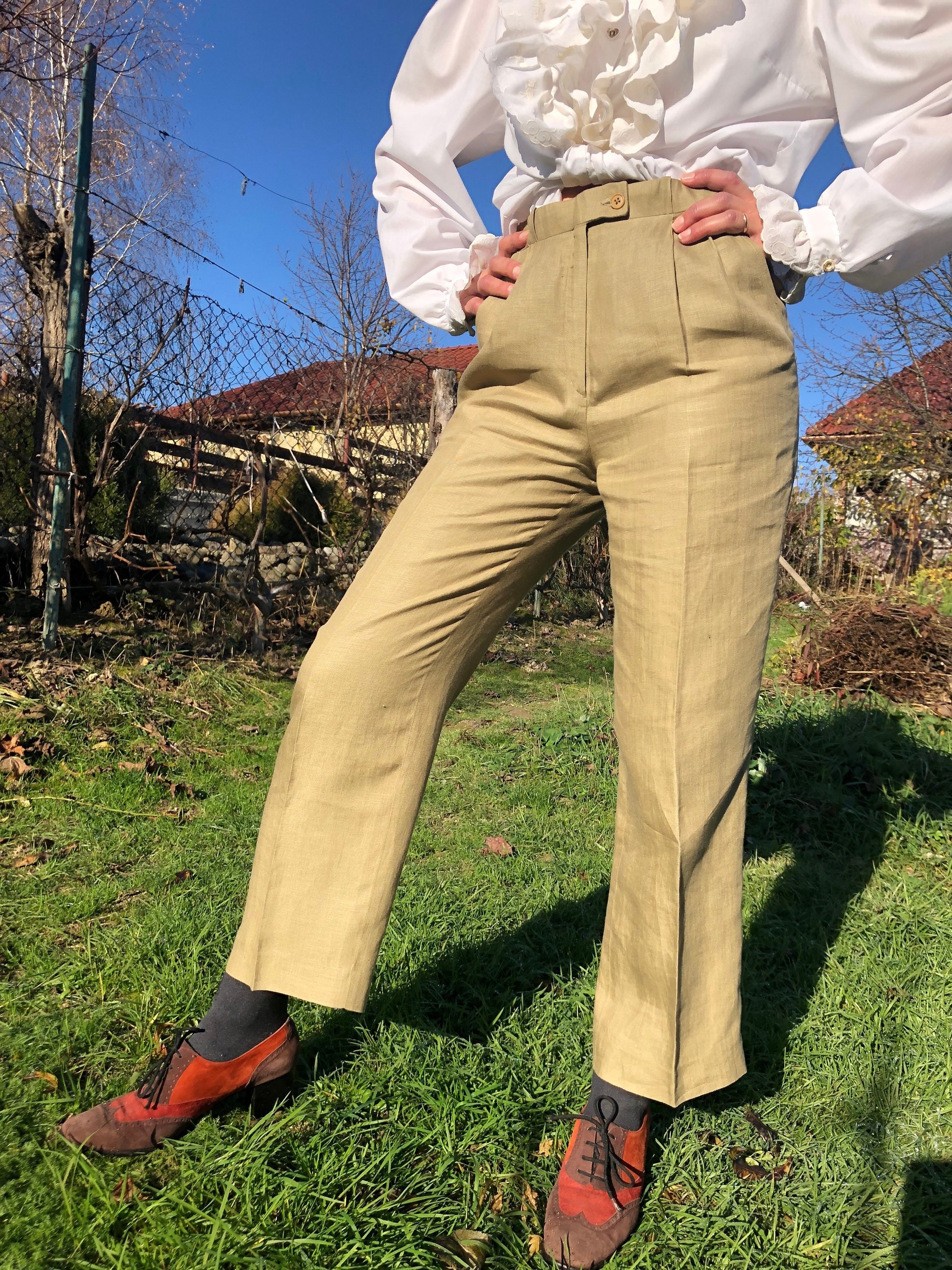 Linen Trousers Natural Beige 90’s～ Vintage 80-90ss Linen Beige Pants. M Size. - Etsy