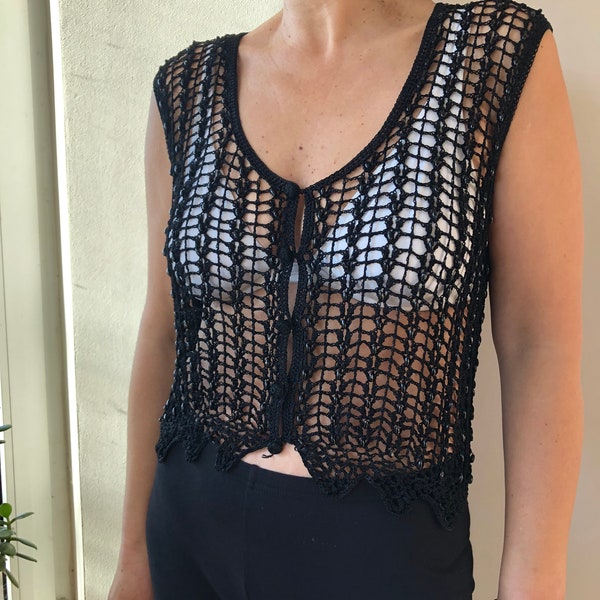 Black crochet beaded top. Transparent sleeveless top.