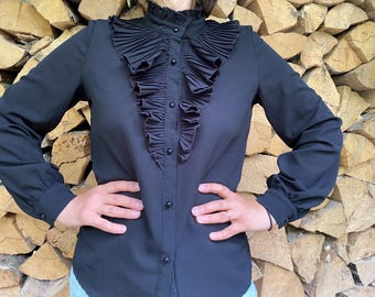 Y2K Ruffled Black Blouse, Long Sleeve Top (M Size)