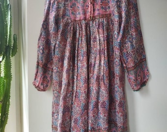 Vintage Indian cotton gauze girl's dress. BOHO, hippie dress. Pink, turquoise, lilac floral print dress with rainbow lurex.