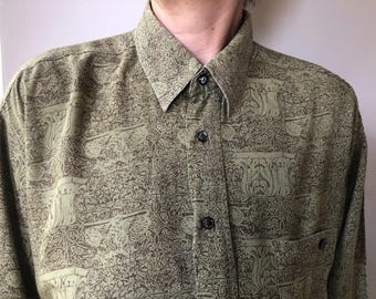 Vintage 90s patterned mens shirt. Olive green with brown print long sleeve shirt. M size.