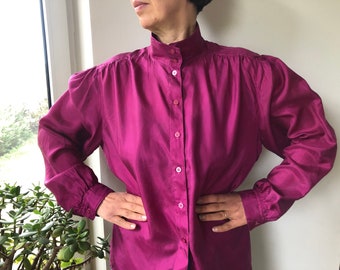 Vintage 80s magenta pink silk blouse. Stand up collar balloon sleeve blouse. L/XL size