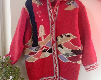 Vintage 80-90ss red wool hand knitted hooded cardigan decorated with embroidery. M size.