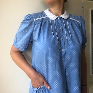 Vintage 70s light blue white polka dot dress. Long prairie style romantic dress. S/M size