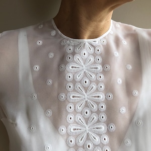 Vintage 70s white embroidered blouse. Semi sheer long sleeve blouse. S/M size