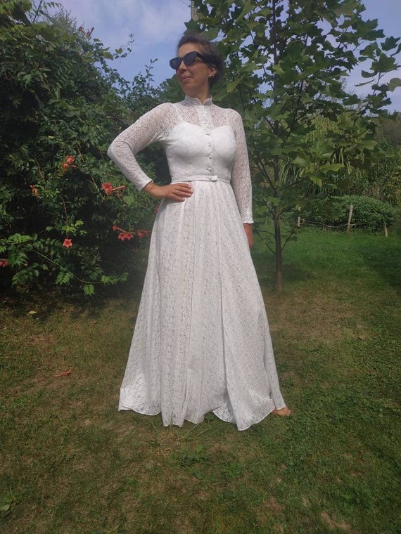 Vintage 70s Wedding Gown. Long Sleeve Lace Wedding Dress. S/M | Etsy