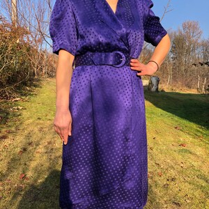 Vintage 80s midnight blue polka dot silk dress. YESSICA Puffy sleeve midi dress. image 3