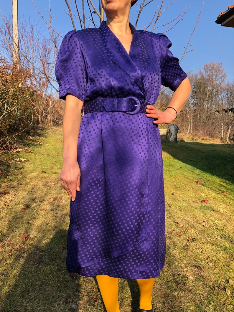 Vintage 80s midnight blue polka dot silk dress. YESSICA Puffy sleeve midi dress. image 3