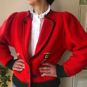Vintage red Trachten knit cardigan. Long puff sleeve wool knitted embroidered cardigan. L size